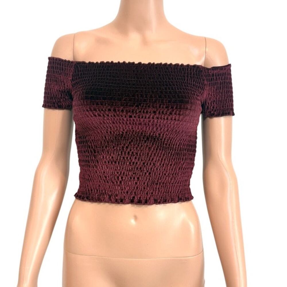 Light Before Dark S velvet smocked off shoulder crop top TB2 3654